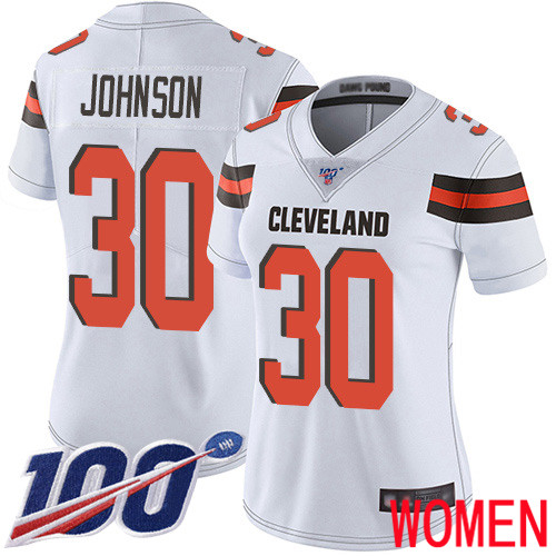 Cleveland Browns D Ernest Johnson Women White Limited Jersey 30 NFL Football Road 100th Season Vapor Untouchable